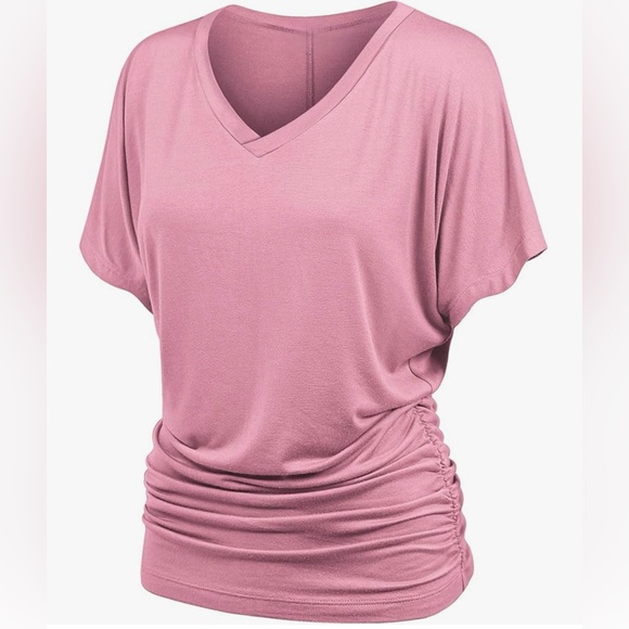Solid Short Sleeve Boat Neck/V Neck Dolman Top T Shirt with Side Shirring - Picture 2 of 6